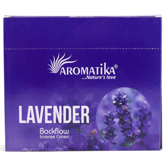 Aromatika lavender backflow incense cones packaging on a white background