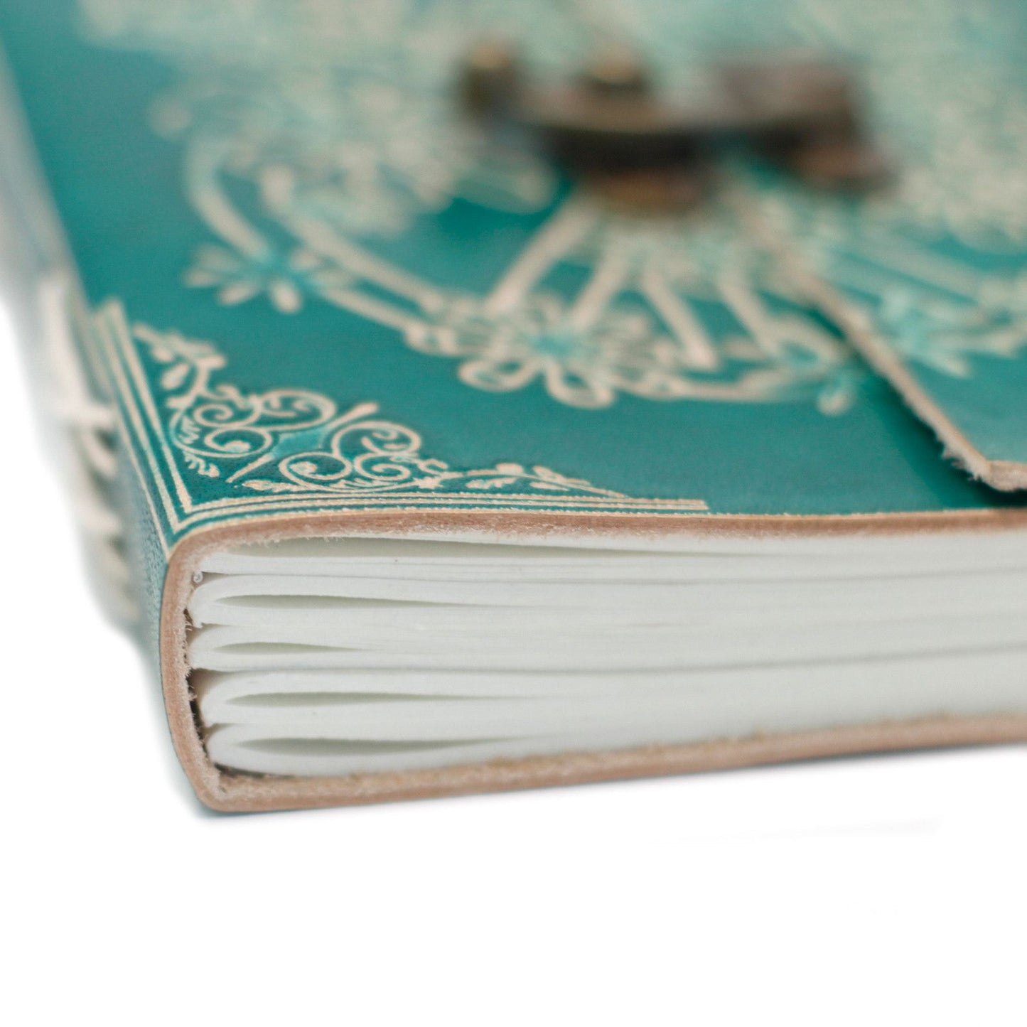 Green Leather with Lock Notebook close up of pages