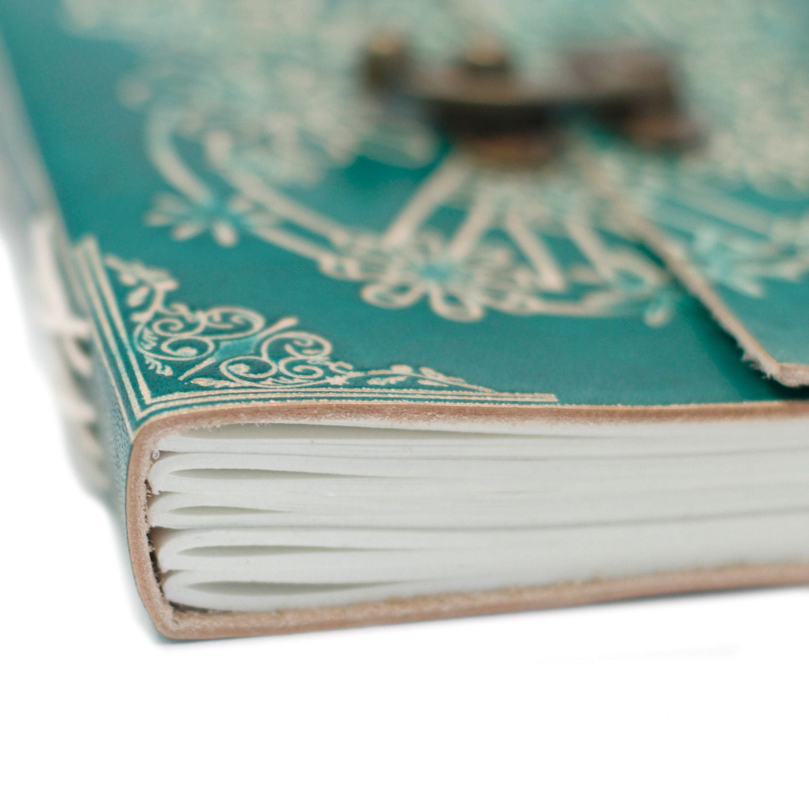 Green Leather with Lock Notebook close up of pages