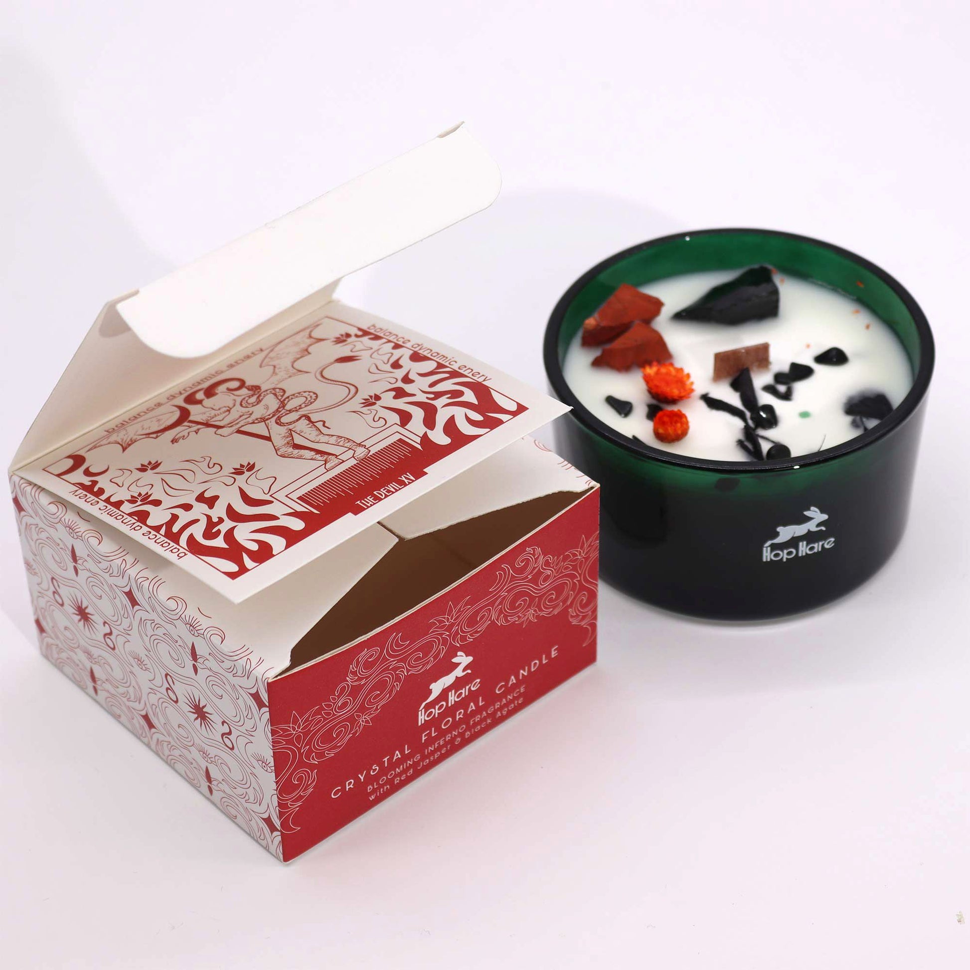 Hop Hare Crystal Magic Flower Candle - The Devil and a branded box on a white background