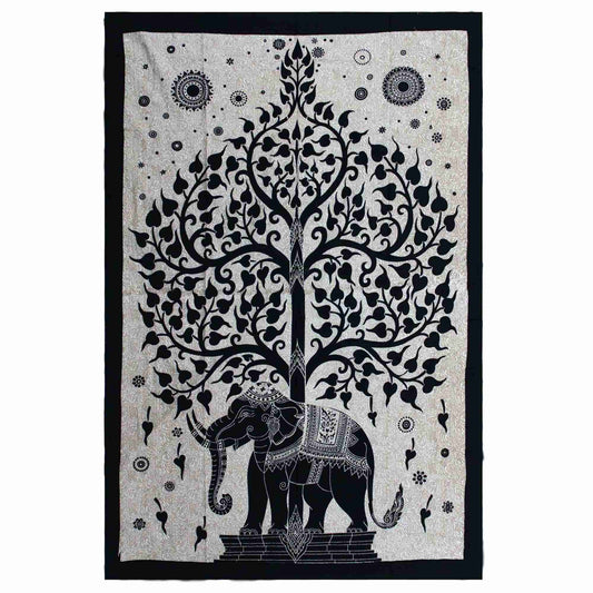 Single Cotton Bedspread + Wall Hanging - Mono - Elephant Tree on a plain background