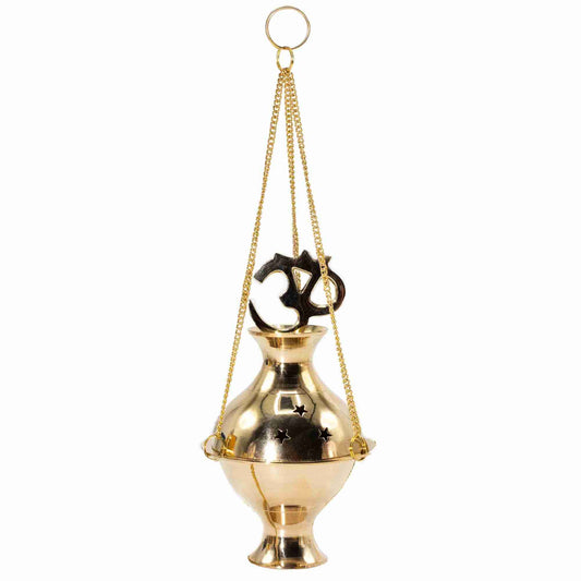 Hanging Brass Incense Burner - Om on  a white background