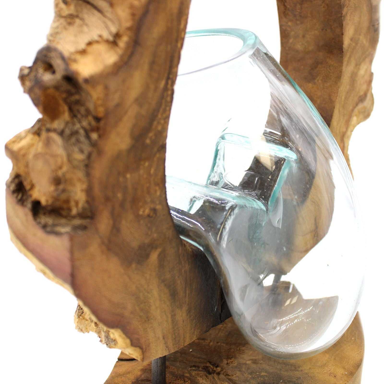 Molten Glass Hanging Art Vase on Wood - Balinese Handcrafted Homeware on a white background close up view