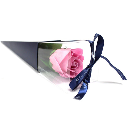 Pink soap rose in a blue and clear gift box with a blue ribbon