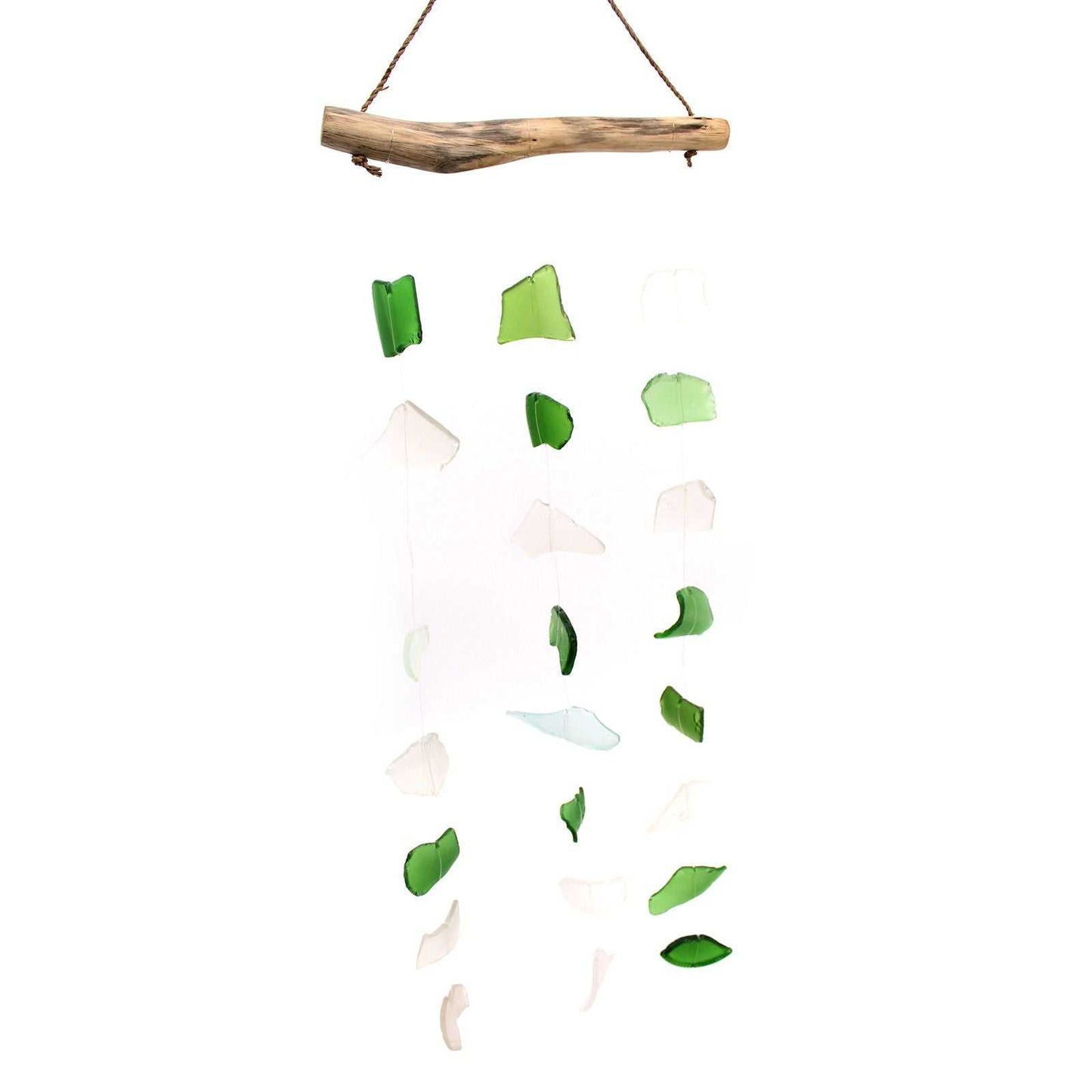 Three Drop Wind Chime Green & White - Recycled Glass on a white background