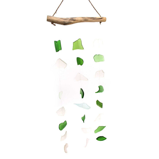 Three Drop Wind Chime Green & White - Recycled Glass on a white background