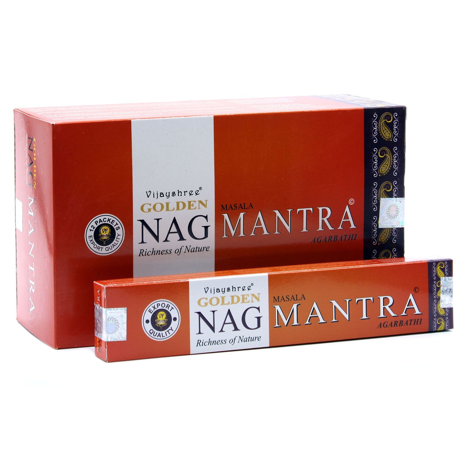 Two boxes of Golden Nag Mantra incense on a white background