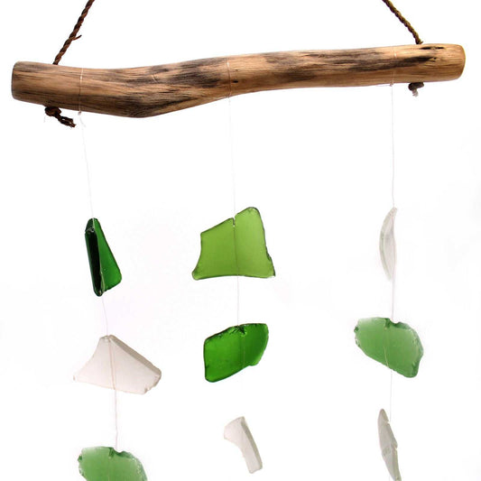 Three Drop Wind Chime Green & White - Recycled Glass on a white background