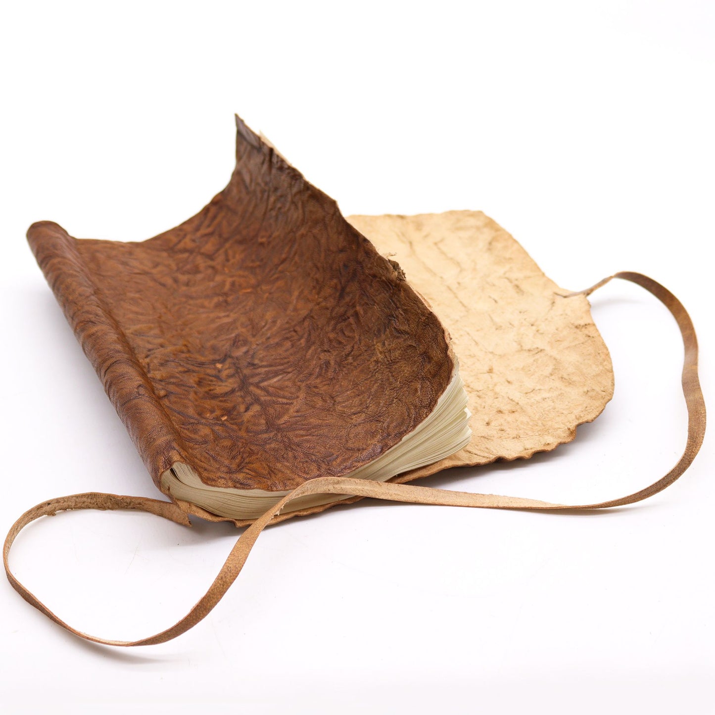 Rolled Leather Travel Notebook open view on a white background