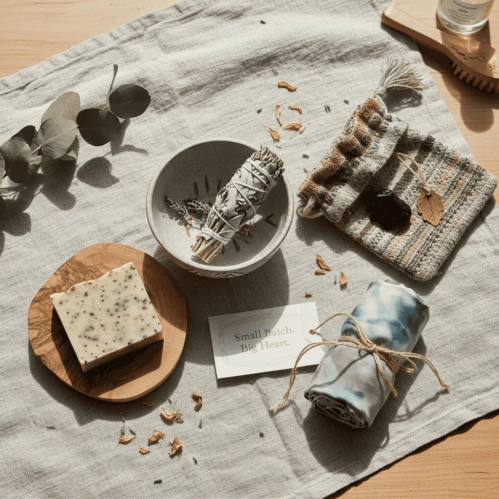 Top view of ethically sourced gifts and materials