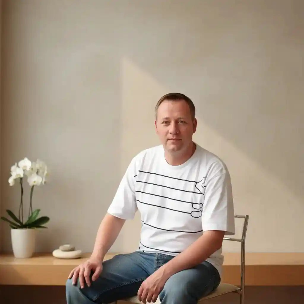 Gift Sanctuary's founder is sitting on a chair in a room with a plant and a light-colored wall.