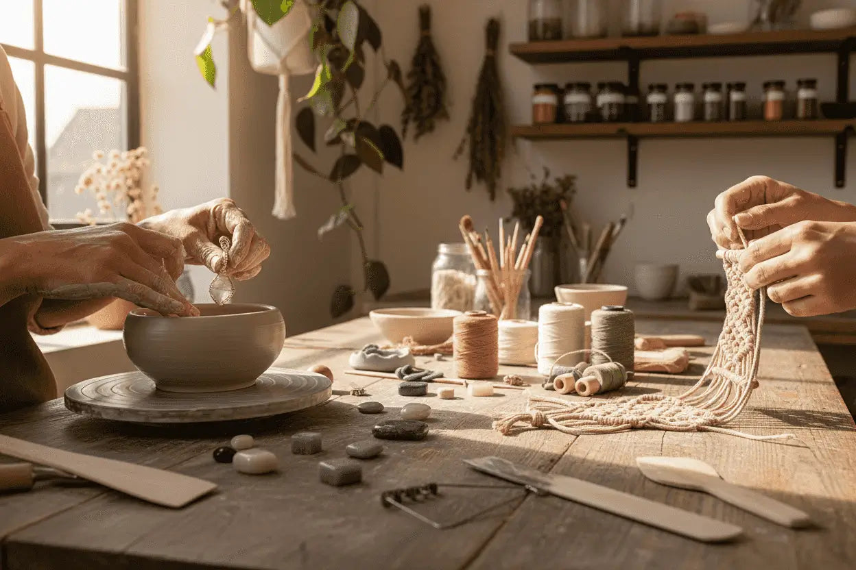 a work table with various materials, hands over table creating artisan gifts