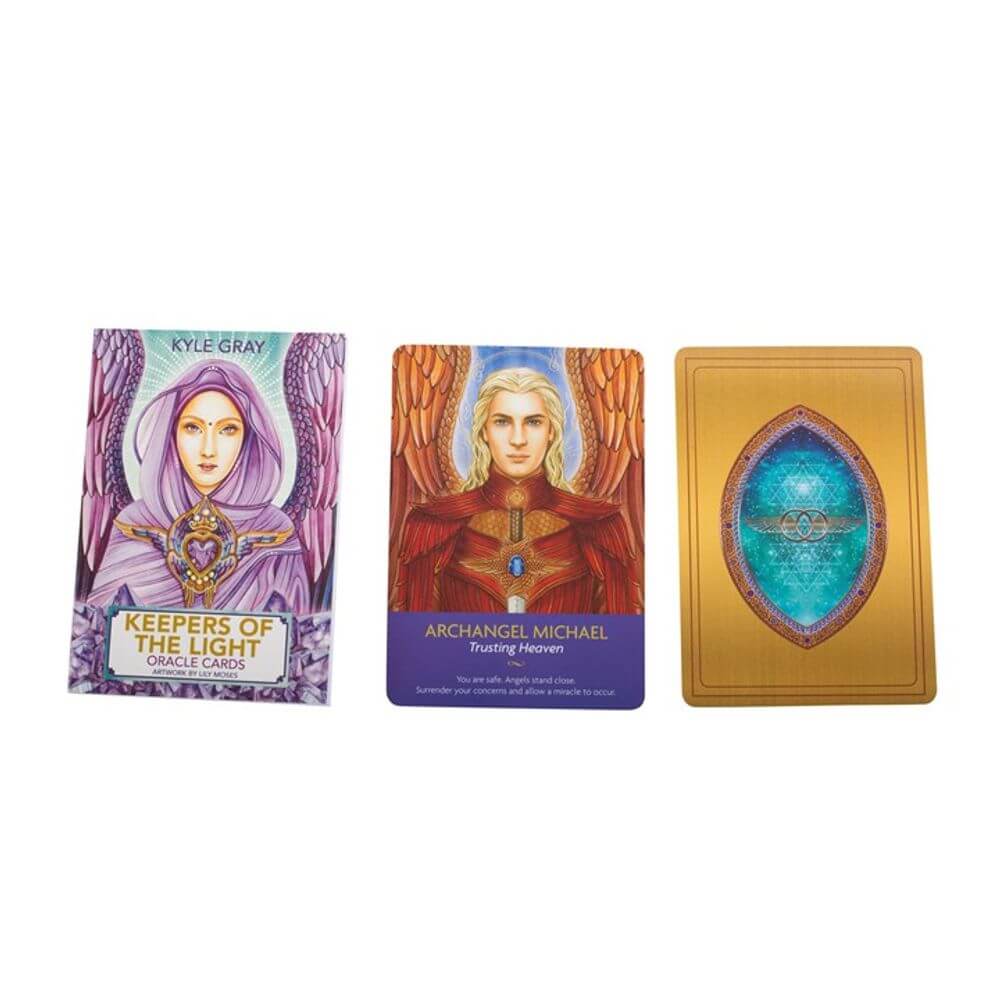 Keepers of the Light oracle card deck by Kyle Gray with Archangel Michael card and guidebook displayed together.
