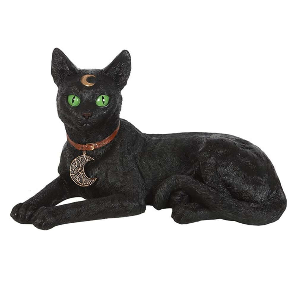 Laying black cat figurine with green eyes and crescent moon collar, perfect for adding mystical decor to any home.