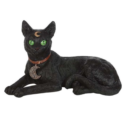 Laying black cat figurine with green eyes and crescent moon collar, perfect for adding mystical decor to any home.