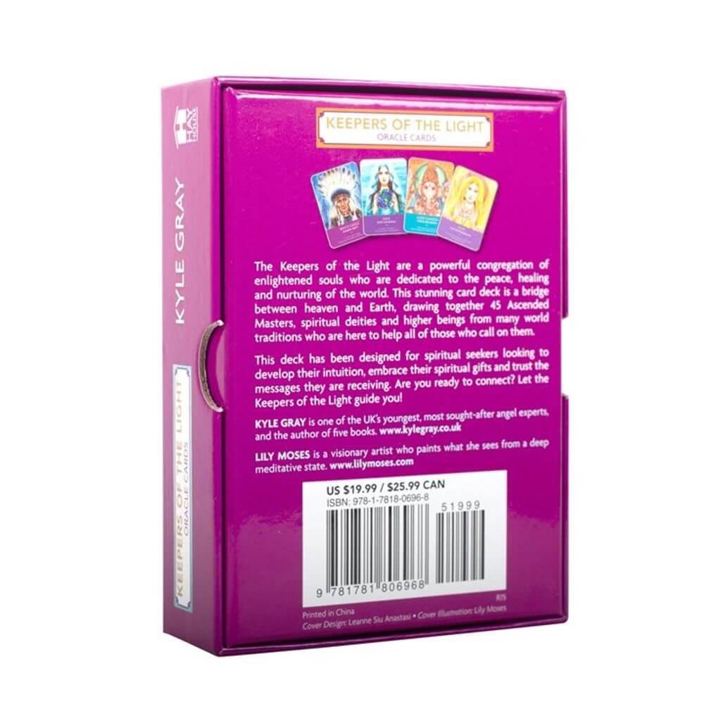 Back view of Keepers of the Light Oracle Cards box by Kyle Gray, featuring illustrations and product details.