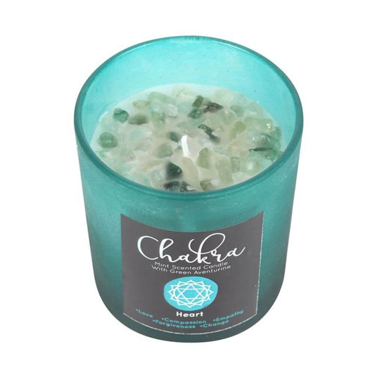 Heart Chakra Mint Crystal Chip Candle in green frosted glass with aventurine chips, promoting healing and spirituality.