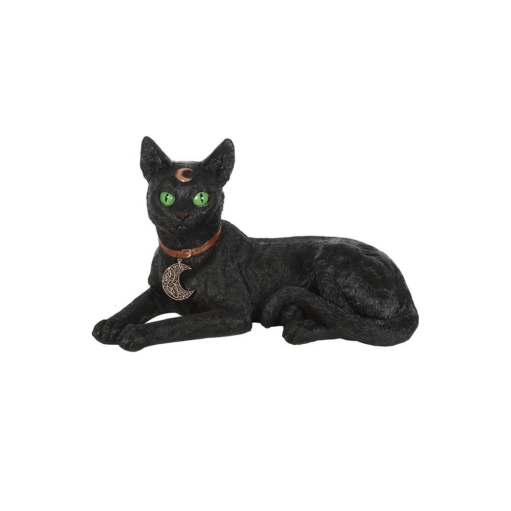 Laying black cat figurine with green eyes and crescent moon collar, perfect for adding a magical touch to home decor.