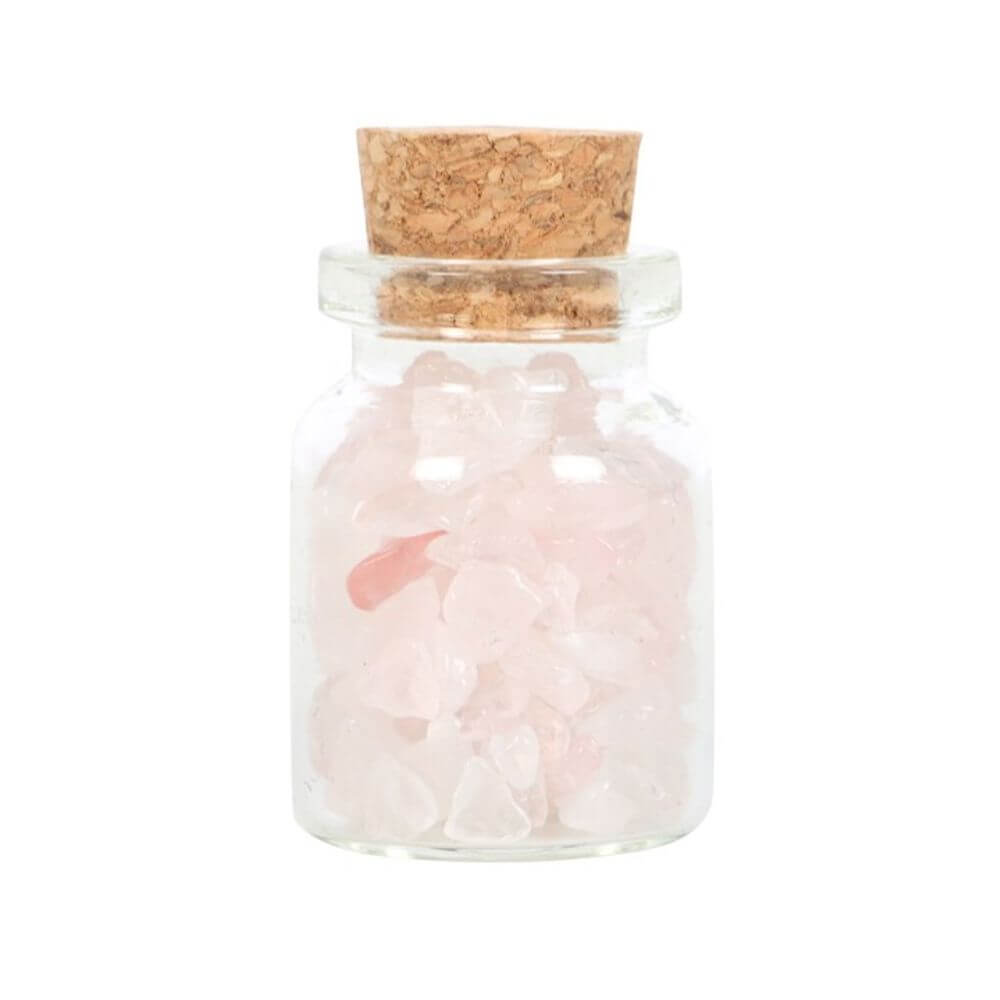 Jar of Love filled with rose quartz crystal chips in a glass jar with a cork lid, promoting love and healthy relationships.