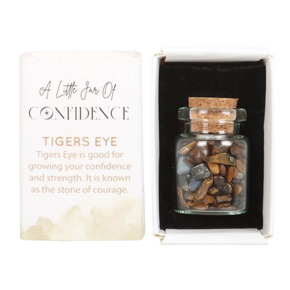Jar of Confidence with Tiger's Eye crystal chips in matchbox promoting strength and courage as a thoughtful gift.